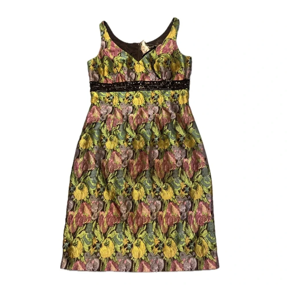 Carmen Marc Valvo Collection Floral Jacquard Dress Black Sequin‎ Waist Size 10